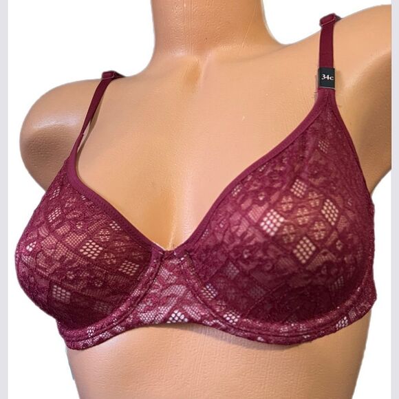 Victoria’s Secret Body unlined demi lace bra maroon 34C - Picture 1 of 3